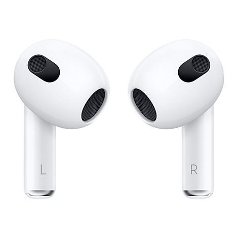 Weiße Apple AirPods der dritten Generation vor weißem Hintergrund, links und rechts beschriftet.