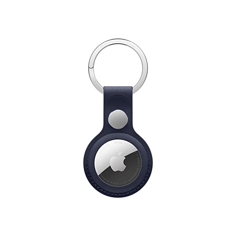 Un AirTag Apple bleu foncé avec un porte-clés argenté. Le logo Apple est sur l'étiquette.