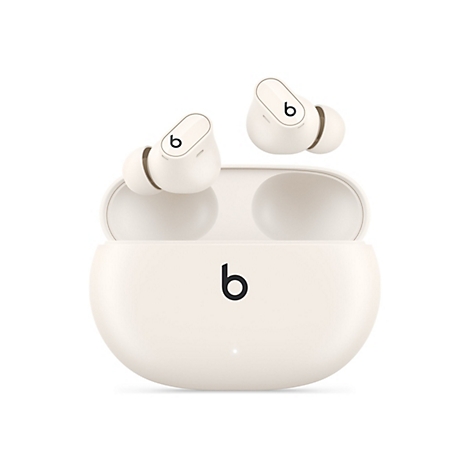 Écouteurs sans fil beiges avec étui de chargement, marque Beats. Casque et étui sont présentés sur fond blanc.