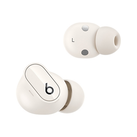 Deux écouteurs sans fil crème. L'un affiche un «L», l'autre le logo «b». Sur fond blanc.