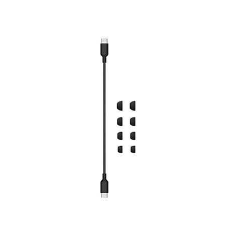 Câble noir et gris avec connecteurs USB-C et 6 embouts d'oreille noirs sur fond blanc.