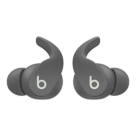 Deux écouteurs sans fil gris avec le logo "b" sur fond blanc.