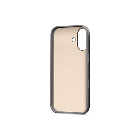 Coque de téléphone beige clair avec un cadre foncé. Un motif magnétique circulaire est visible au dos.
