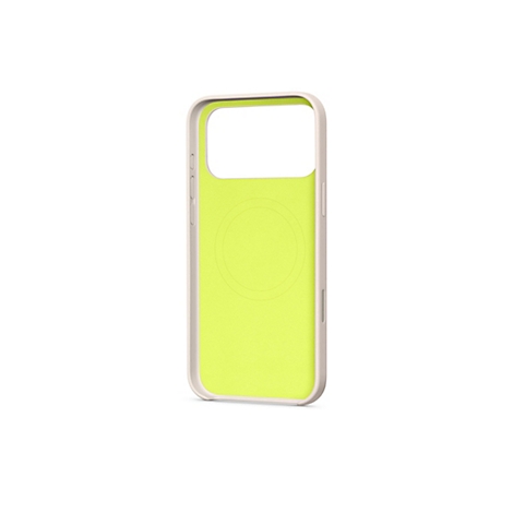 Coque de téléphone vert clair avec bord beige et intérieur jaune. Photo sur fond blanc.