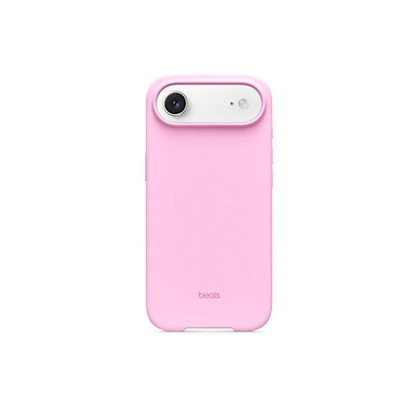 Coque de téléphone rose clair avec logo Beats. L'étui entoure le bloc caméra en blanc.