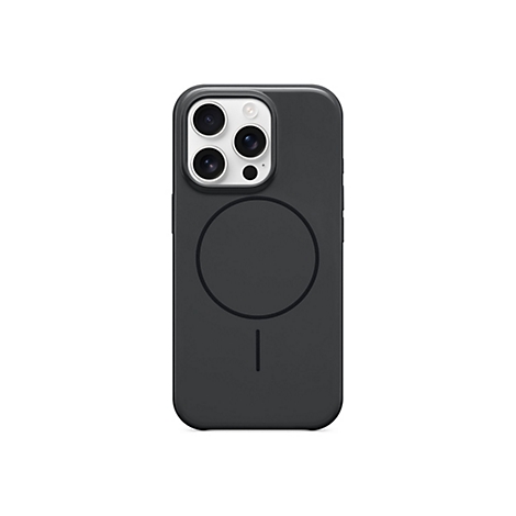Coque de téléphone gris foncé pour smartphone, avec découpes pour les objectifs de l'appareil photo et un cercle magnétique au dos.
