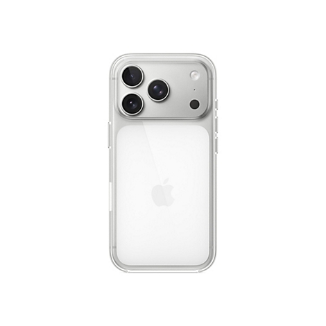 Vue arrière d'un iPhone dans une coque de protection transparente sur fond blanc. Trois caméras, un flash et le logo Apple sont visibles.