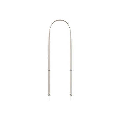 Sangle d'appareil photo beige, allant de haut en bas. Il y a des attaches à chaque extrémité.