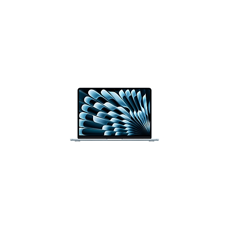Hellblauer Laptop, Bildschirm zeigt abstraktes, blaues Muster. Die Tastatur und das Gehäuse sind ebenfalls hellblau.