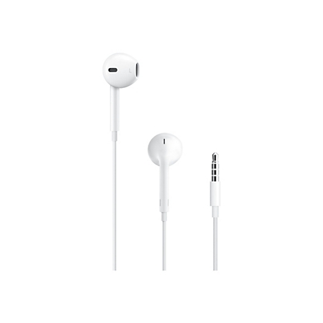 Nahaufnahme von weißen Apple EarPods Kopfhörern mit Kabel und 3,5mm Klinke. Auf weißem Hintergrund.