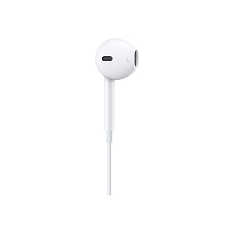 Weißer In-Ear-Kopfhörer mit Kabel vor weißem Hintergrund. Die Kennzeichnung L für links ist auf dem Gehäuse zu sehen.