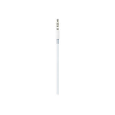 Ein weißes 3,5-mm-Audioklinkenkabel mit vier Kontaktringen vor weißem Hintergrund.
