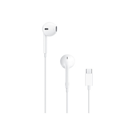Weiße EarPods mit USB-C-Anschluss vor weißem Hintergrund.