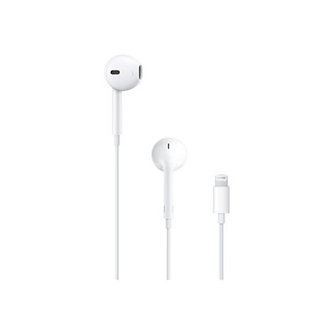 Weiße EarPods mit Lightning-Anschluss vor weißem Hintergrund.