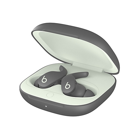 Graue In-Ear-Kopfhörer mit Ladegerät, weißer Hintergrund. Die Hülle ist geöffnet, darin liegen die Ohrhörer mit dem Logo 6.