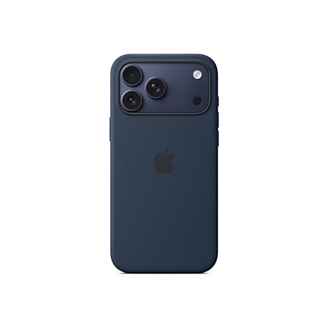 Dunkelblaues iPhone mit Apple-Logo auf weißem Hintergrund. Drei Kameralinsen und ein Blitz sind sichtbar.