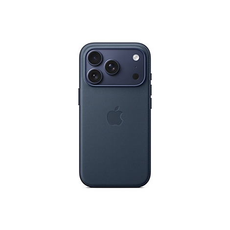 Rückseite eines dunkelblauen iPhones mit eingebauter Hülle. Oben befinden sich 3 Objektive und ein Blitz. Das Apple-Logo ist mittig geprägt.