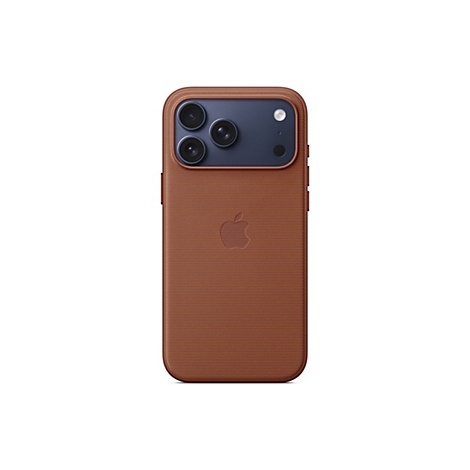 Rückansicht eines iPhones in einer braunen Textilhülle. Auf der Rückseite sind drei Kameraobjektive und ein Blitz zu sehen, sowie das Apple-Logo.