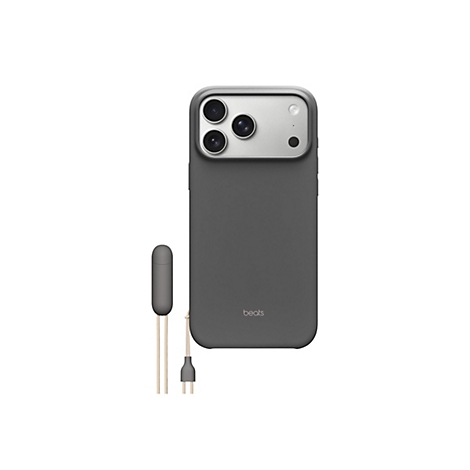 Dunkelgraues iPhone mit grauer Hülle, verbunden mit einem farblich abgestimmten Stift und Kabel.