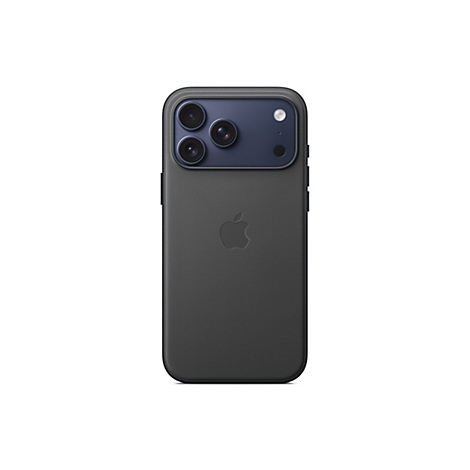 Rückansicht eines iPhones in einer schwarzen Schutzhülle. Die Hülle hat eine Textur und das Apple-Logo. Die Kameraeinfassung ist dunkelblau.