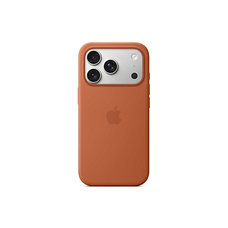 Ein Mobiltelefon in einer orangefarbenen Silikonhülle. Auf der Rückseite sind drei Kameraobjektive und ein Apple-Logo zu sehen.