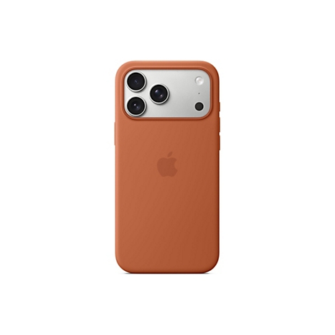 Rückansicht einer orangefarbenen Handyhülle für ein Smartphone, mit Kameraaussparung, Apple-Logo.