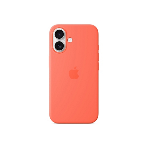 Korallenfarbene Handyhülle mit Apple-Logo und Kameraöffnungen vor weißem Hintergrund.