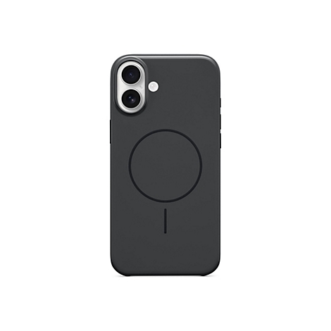 Dunkelgraue Handyhülle für ein Smartphone, mit zwei Kameraöffnungen, einem runden MagSafe-Pad und einem senkrechten Strich.