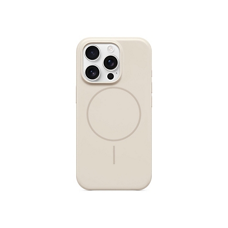 Coque de smartphone beige avec caméras et cercle MagSafe. Sur fond clair.