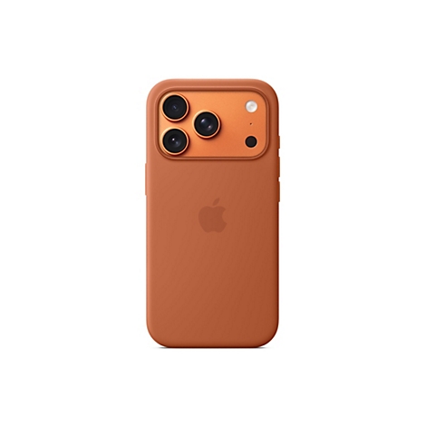 Rückansicht eines orangefarbenen iPhones mit Hülle. Auf der Rückseite sind drei Kameraobjektive und das Apple-Logo zu sehen.