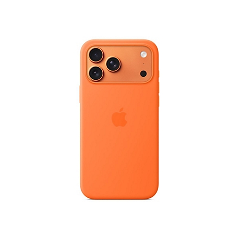 Rückseite eines orangefarbenen iPhones mit Apple-Logo und dreifacher Kamera.