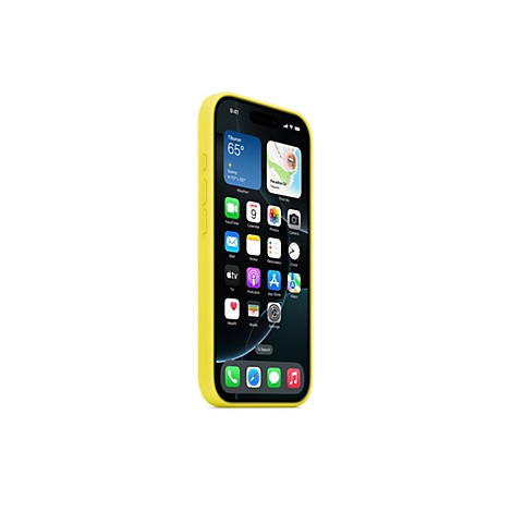 Ein iPhone mit gelber Hülle. Auf dem Display sind Wetterinformationen, Apps und die Uhrzeit 9:41 zu sehen.