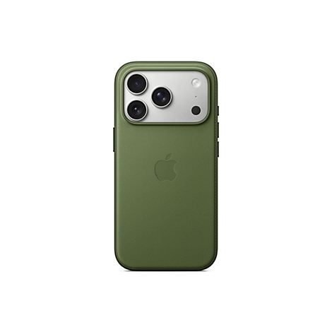 Rückansicht eines olivgrünen iPhone 14 Pro, das von einer grünen Stoffhülle geschützt wird. Auf der Hülle ist das Apple-Logo zu sehen.