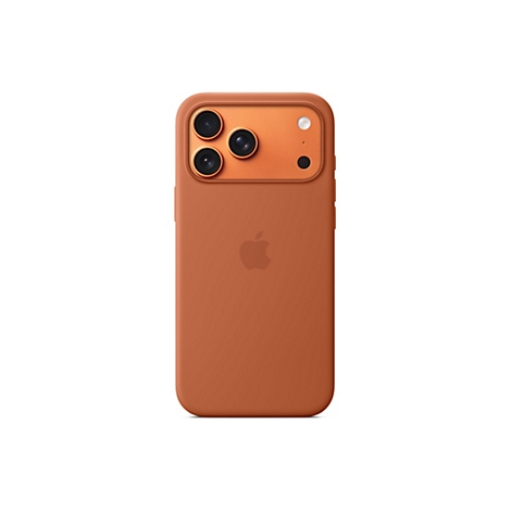 Rückseite eines orangefarbenen iPhones mit drei Kameras, einem Blitz und einem Apple-Logo.