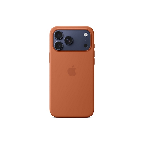 Rückseite eines orangefarbenen iPhones mit einem dunkelblauen Kameramodul, drei Linsen und Apple-Logo.