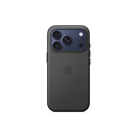 Rückansicht eines schwarzen Smartphones mit einer dunkelblauen Kameraleiste. Auf der Rückseite ist das Apple-Logo abgebildet.