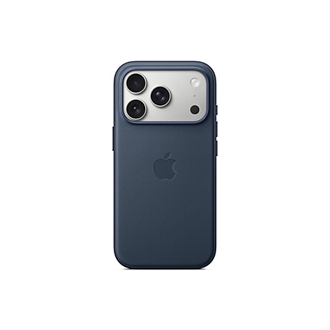 Rückansicht eines blauen iPhone-Cases. Auf der Kamera-Plattform befinden sich drei Linsen. Das Apple-Logo ist angedeutet.
