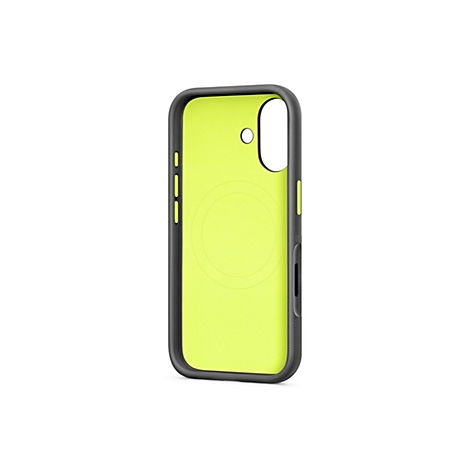 Hellgelbes Smartphone-Case mit schwarzem Rand auf weißem Hintergrund. Runde Vertiefung auf der Rückseite.