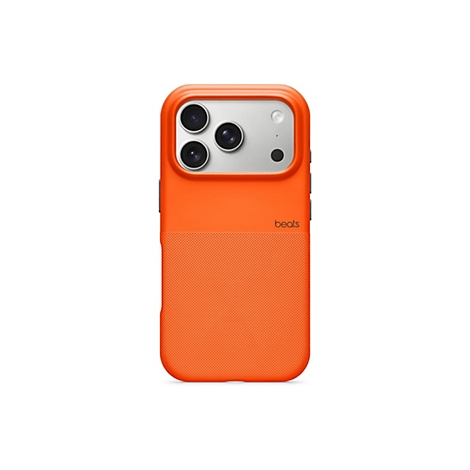 Orangefarbene Schutzhülle für ein Smartphone mit Beats-Logo und Kamera-Ausschnitt, strukturiertem unteren Bereich.