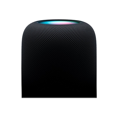 Schwarzer, zylinderförmiger HomePod-Lautsprecher mit leuchtender, mehrfarbiger Oberseite auf weißem Grund.