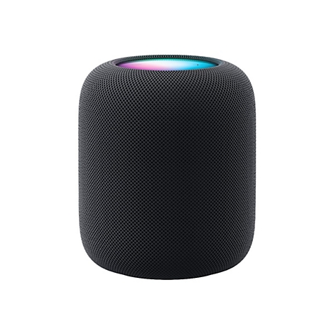 Schwarzer zylindrischer Smart Speaker mit netzartiger Oberfläche und leuchtender, farbiger Oberseite.