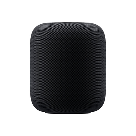 Schwarzer, zylinderförmiger HomePod Lautsprecher mit gewebter Netzstruktur vor weißem Hintergrund.