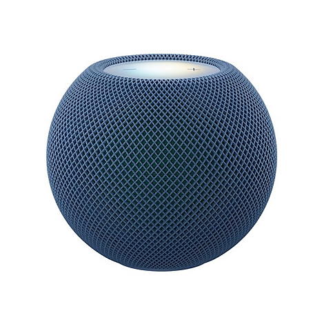 Blauer, kugelförmiger Smart-Speaker mit Gitterstruktur und beleuchteter Touch-Oberfläche an der Oberseite.