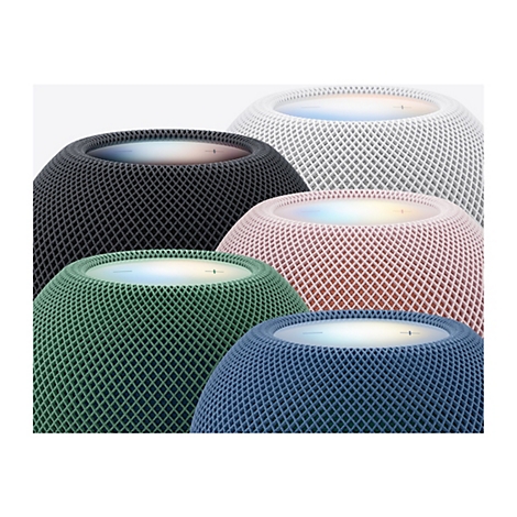 Mehrere kugelförmige Smart-Speaker mit Textilgewebe in verschiedenen Farben wie Weiß, Schwarz, Rosa, Grün und Blau.
