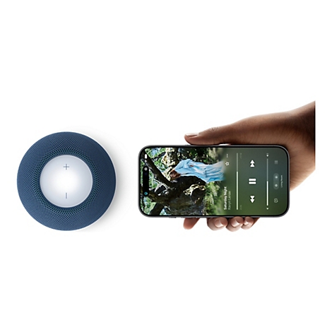 Dunkelblauer, kugelförmiger Lautsprecher neben einer Hand, die ein Smartphone mit Musik-App-Oberfläche hält.
