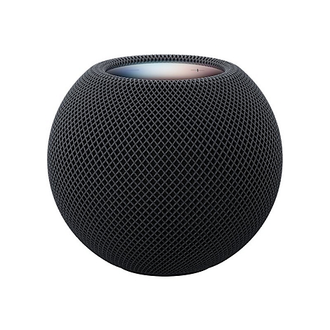 Kugelförmiger, schwarzer HomePod mini Lautsprecher mit leuchtender Touch-Oberfläche auf weißem Hintergrund.