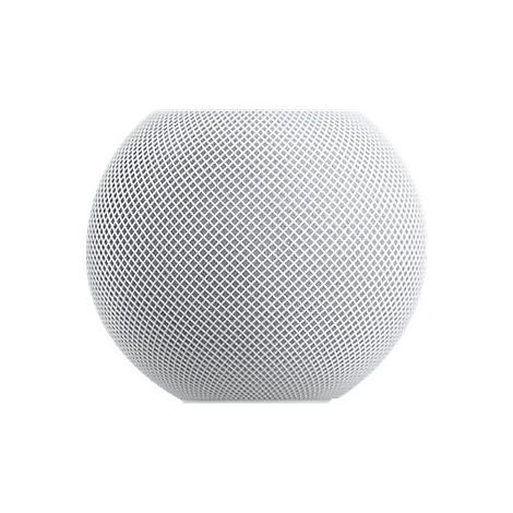 Un haut-parleur blanc, sphérique. Sa surface est recouverte d'un fin motif de grille blanche.