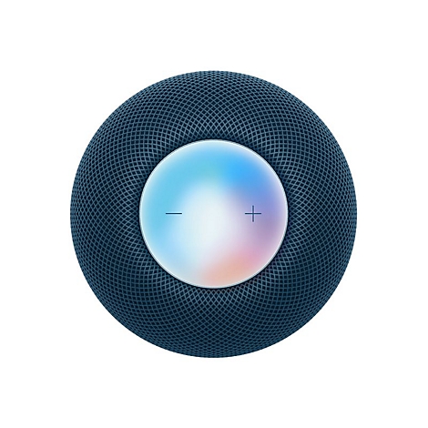 Dunkelblauer Apple HomePod. Oben mit Farbdisplay und Lautstärkezeichen.