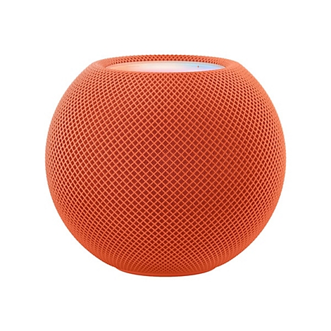 Orangener Apple HomePod Mini, kugelförmig, mit Netzmuster-Oberfläche. Auf der Oberseite leuchtet ein Licht. Hintergrund weiß.