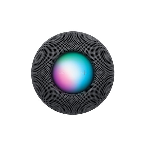 Draufsicht auf einen schwarzen Apple HomePod Mini mit einem Farbdisplay in der Mitte. Auf dem Display sind Plus- und Minuszeichen zu sehen.